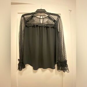 Black lace-trimmed long-sleeve blouse, PM, Loft brand